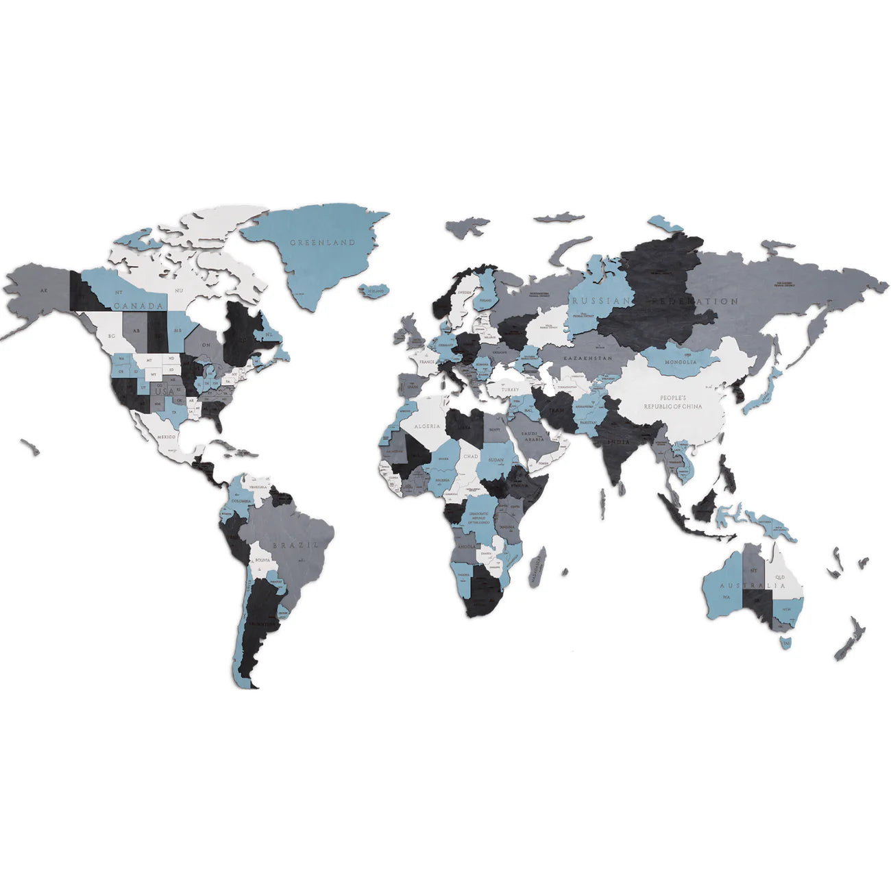 World map with countries in various shades of black, blue, and gray.
