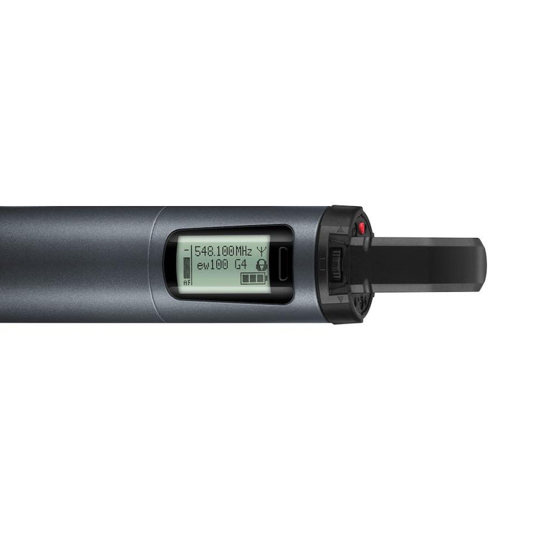 Sennheiser SKM 100 G4-S handheld transmitter with MME 865-1 microphone capsule, display closeup