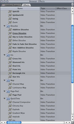 Transitions list in FCP