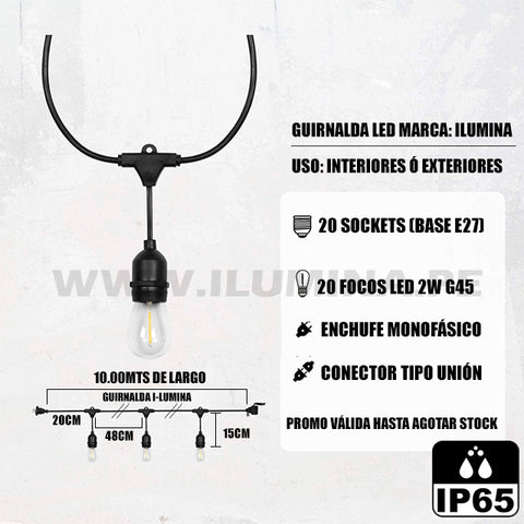 FICHA TÉCNICA Y DIMENSIONES Y ESPECIFICACIONES TÉCNICAS DE LA GUIRNALDA LED ILUMINA DE 10 METROS 20 LUCES DE VENTA EN SURQUILLO EN LIMA EN PERU