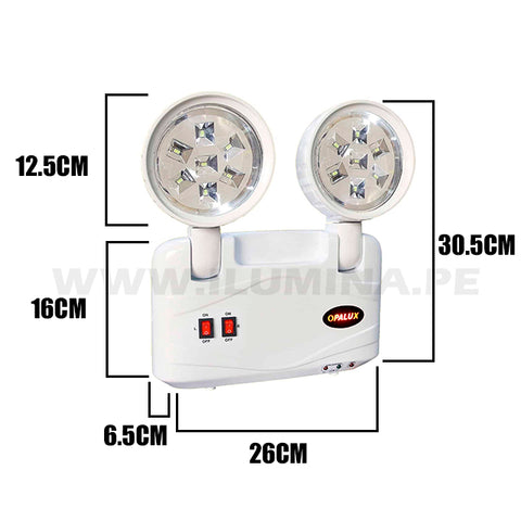 DIMENSIONES Y MEDIDAS DE LA LAMPARA DE EMERGENCIA OPALUX MODELO 9101 220 LED Y FICHA TÉCNICA. SE ENTREGA CERITICADO DE OPERATIVIDAD CON VISADO DE INGENIERO MECANICO ELECTRICO PARA PASAR DEFENSA CIVIL INDECI PARA CONSTRUCTORAS Y OFICINAS COMECIALES PARA RESTARANTES PARA HOTELES PARA CLINICAS PARA HOSPEDAJES Y PARA MUNICIPIOS