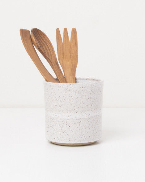 Dotted White Ceramic Kitchen Utensil Holder with Utensils