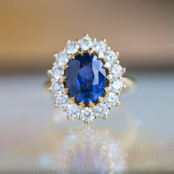 Blue Sapphire with Diamond Halo, Princess Diana Inspired Ring