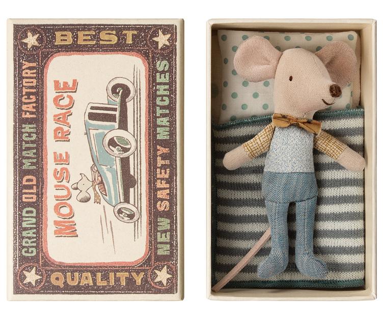 Maileg little mouse in a box with bow tie at Bonjour Baby Baskets