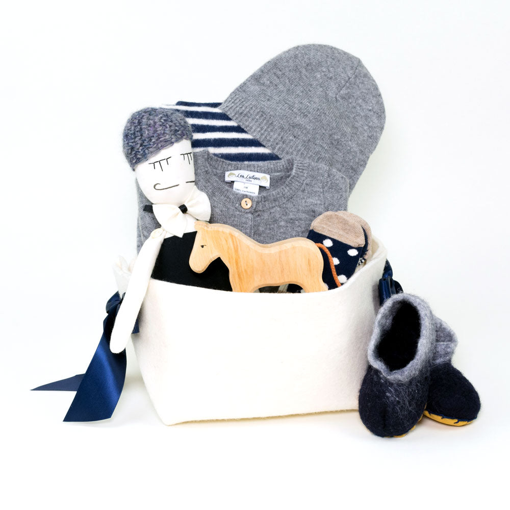 Luxury Baby Gift Basket featuring Cashmere romper and unique gifts