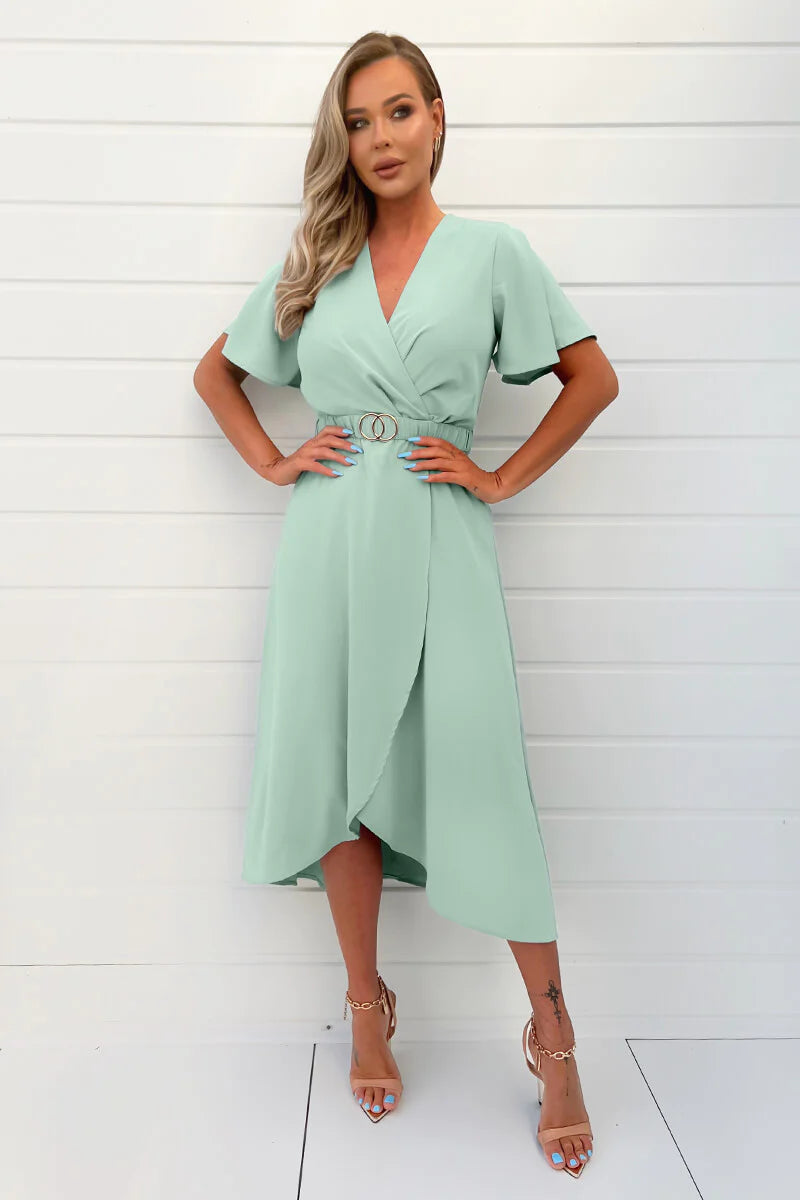 Cream Wrap Top Belted Short Sleeve Plisse Midi Dress