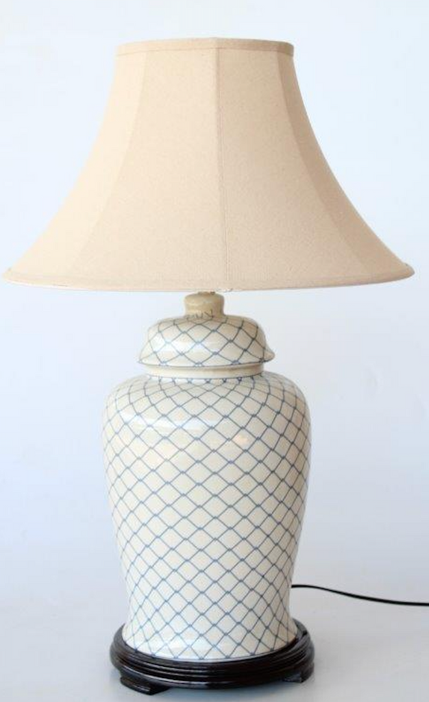 Blue Lattice Lamp Base on Wooden Stand with Beige Shade - NetDécor 