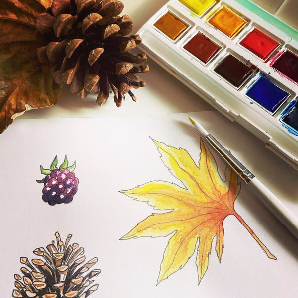 Watercolour paints and paintbrush with autumnal objects