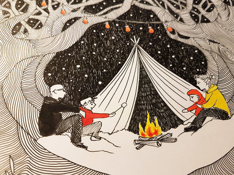 Watercolour and ink campfire commission