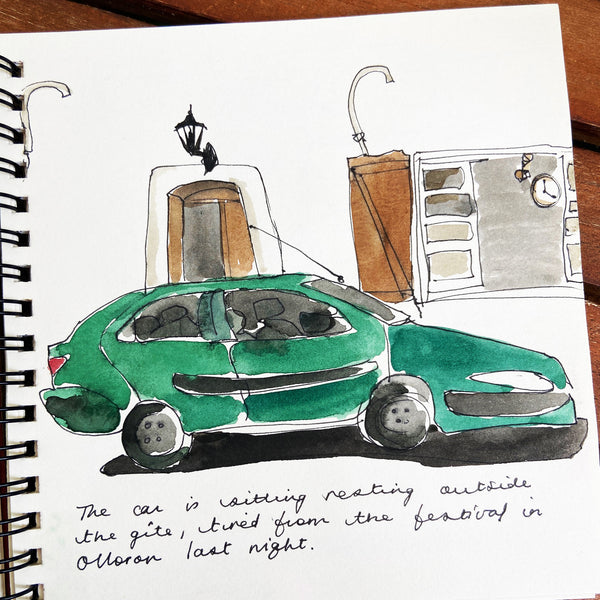 Watercolour and ink sketch of a green car outside a house in France