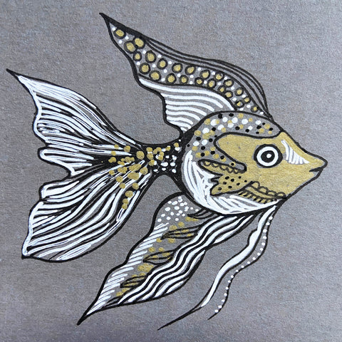 Fish illustration drawn using metallic markers, fineliner and white gel pen on grey paper.