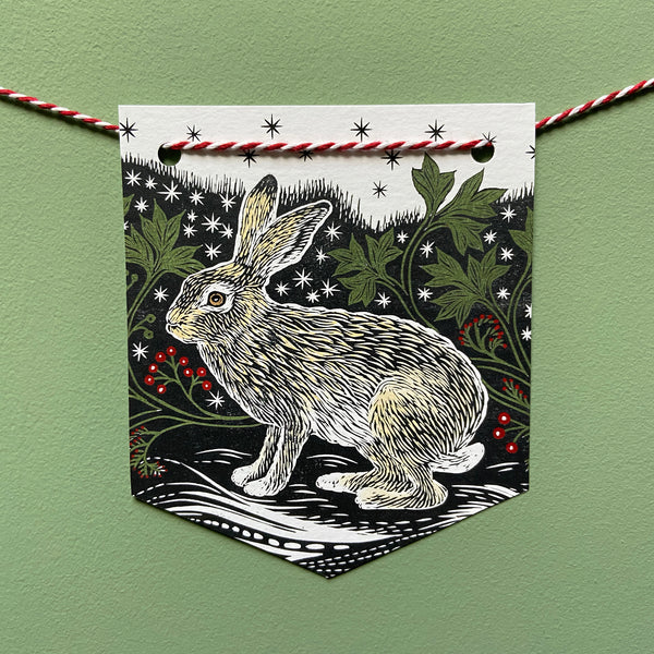 Christmas card bunting with red and white string on a green background