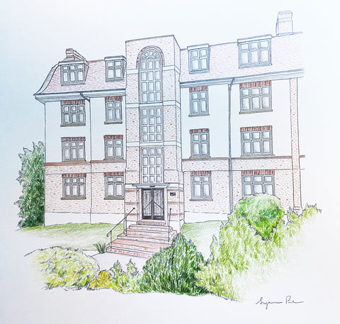 Polychromos pencil drawing of a house, by Suzanne Pink