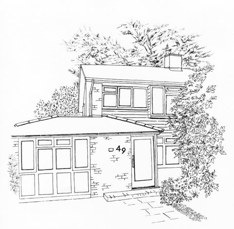 Fineliner illustration of a house, by Suzanne Pink