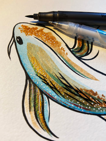 Koi painting created using metallic paint, watercolour and brush pen.