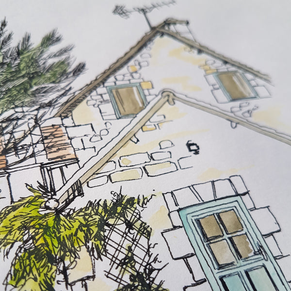 Detail of a French house in watercolour and ink 