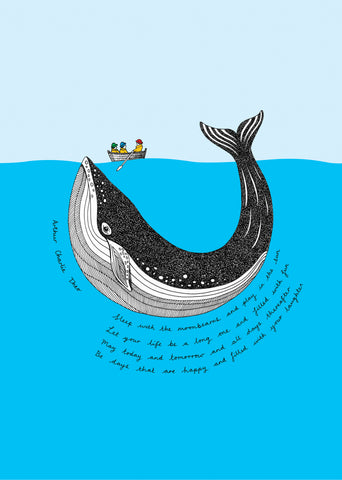 Digitally coloured illustration of a whale with three children in a small boat