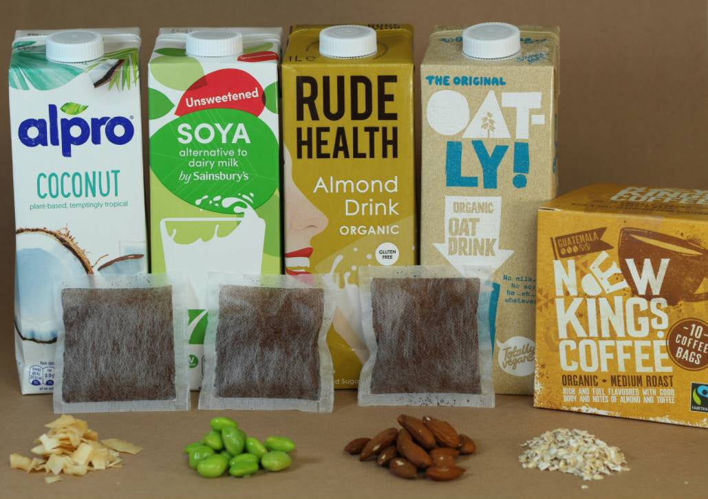 Plant based milks with New Kings Coffee bags