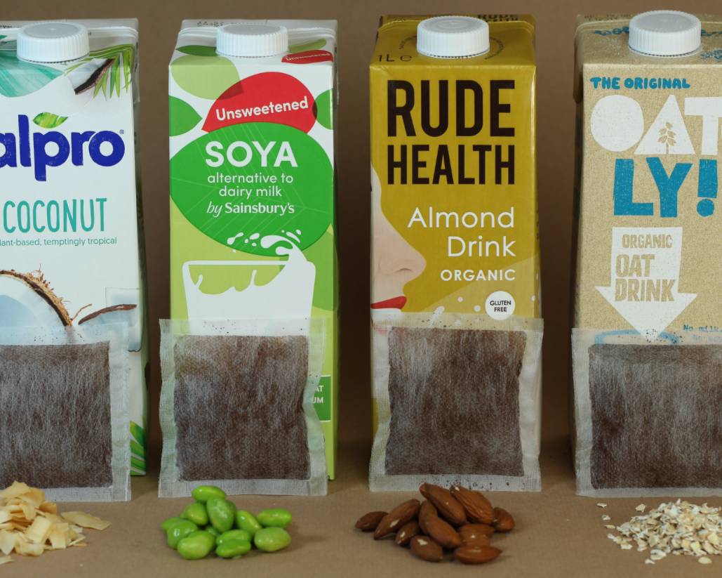 Alpro, Soya, rude health and oatly milks with coffee bags