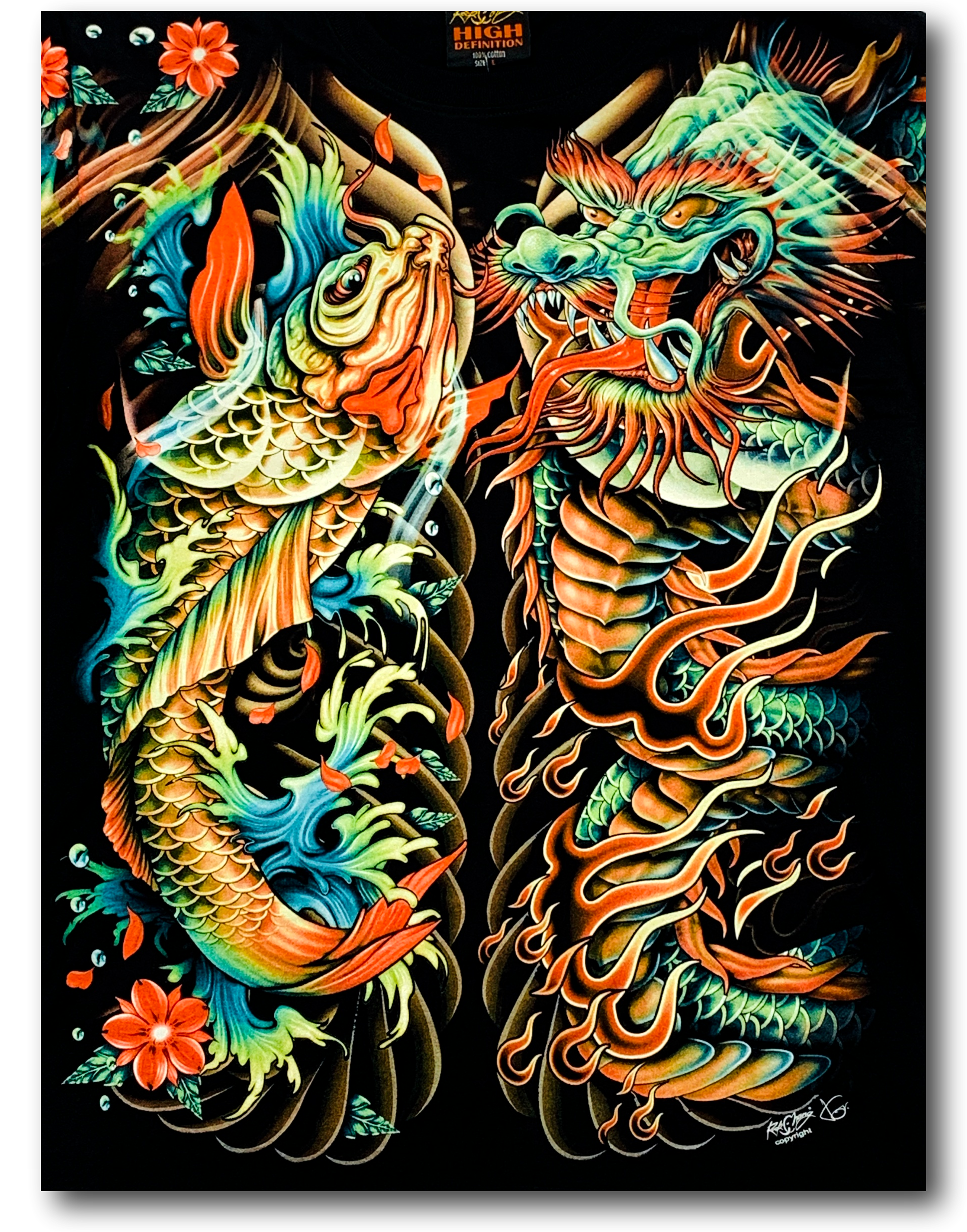 Koi Fish and Asian Dragon Glow in the Dark HD Rock Chang T-Shirt