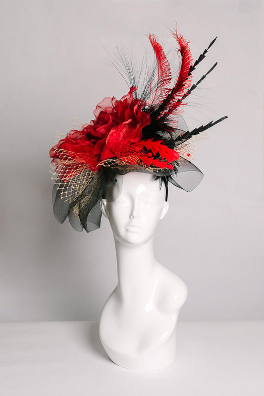 Red & Black Sinamay Fascinator louisville