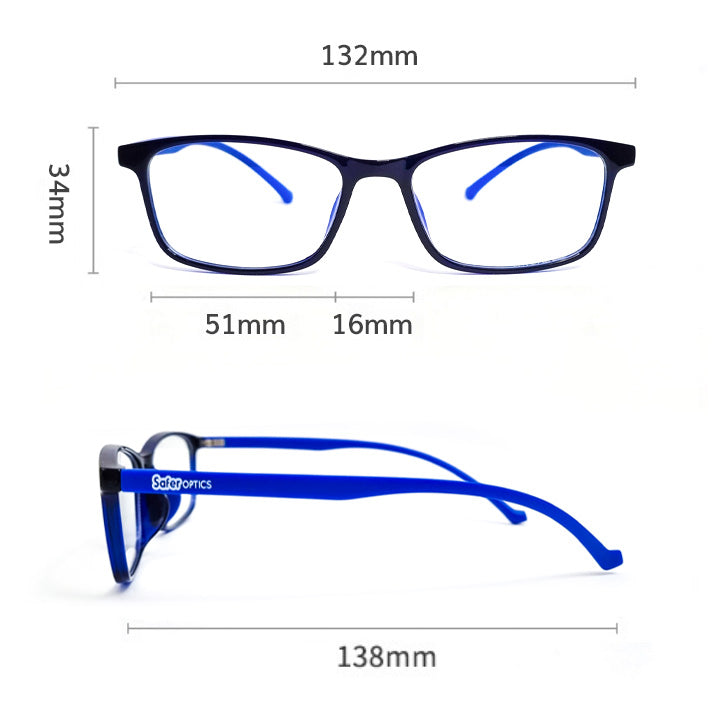 SaferOptics anti blue light glasses size measurements