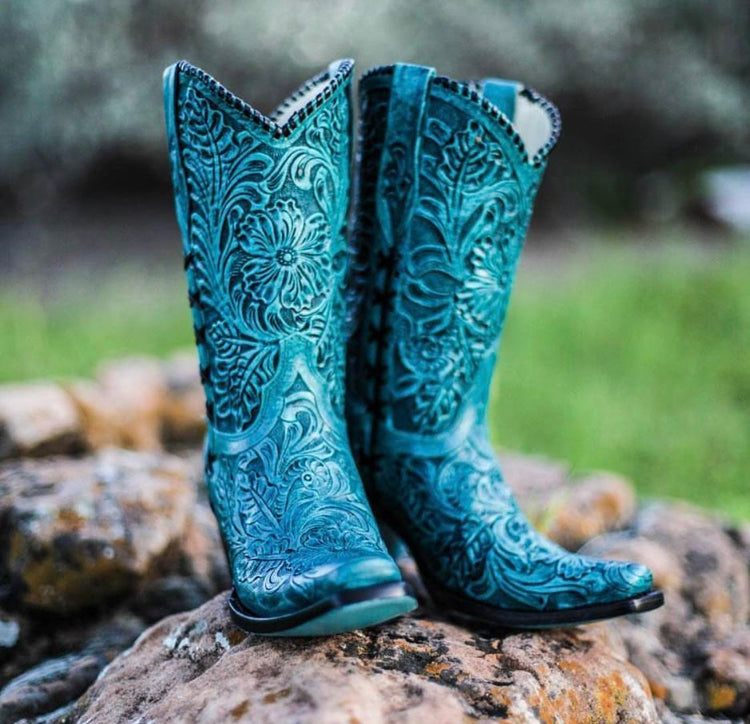 Turquoise Nuevo Rancho Turquoise Tooled Flower Cowgirl Boots image