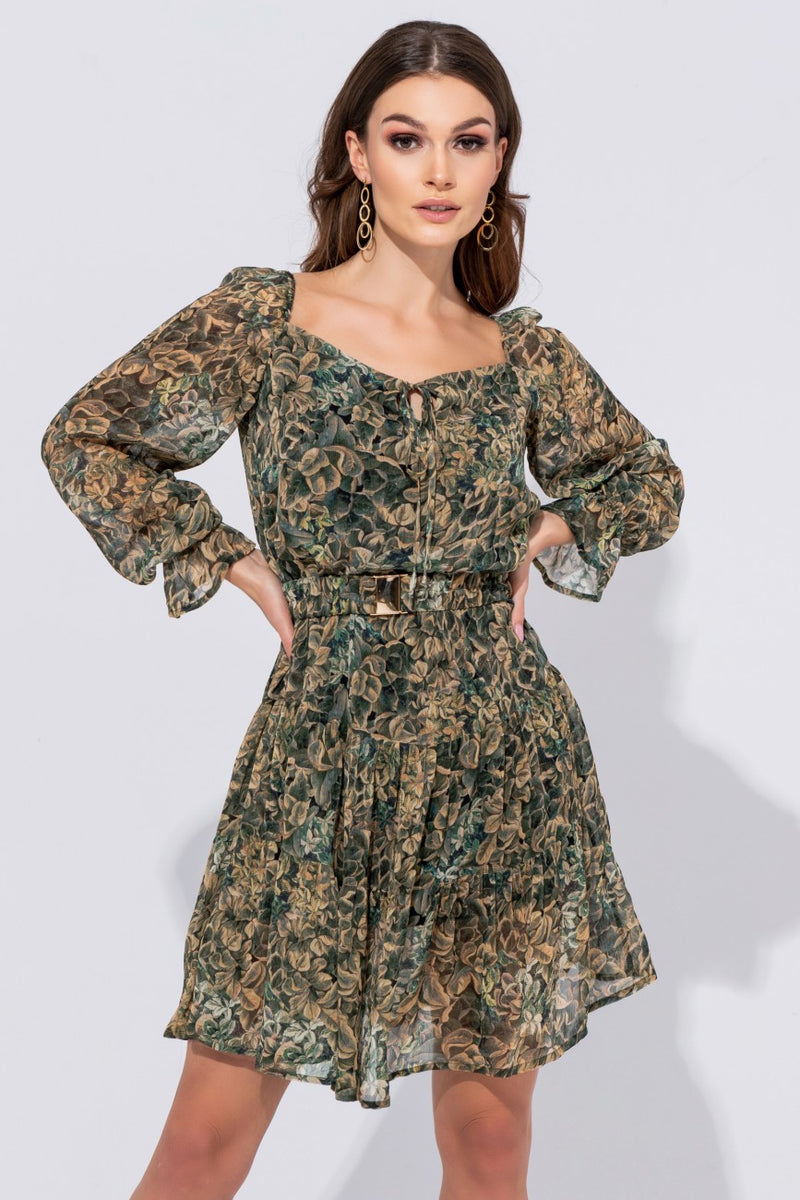 Szmaragdowo-musztardowa sukienka w kwiaty – modena-sklep