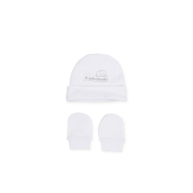 white hat and mittens set