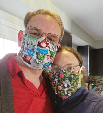 Adult face masks modeled by Mr. Spack Craft and myself
