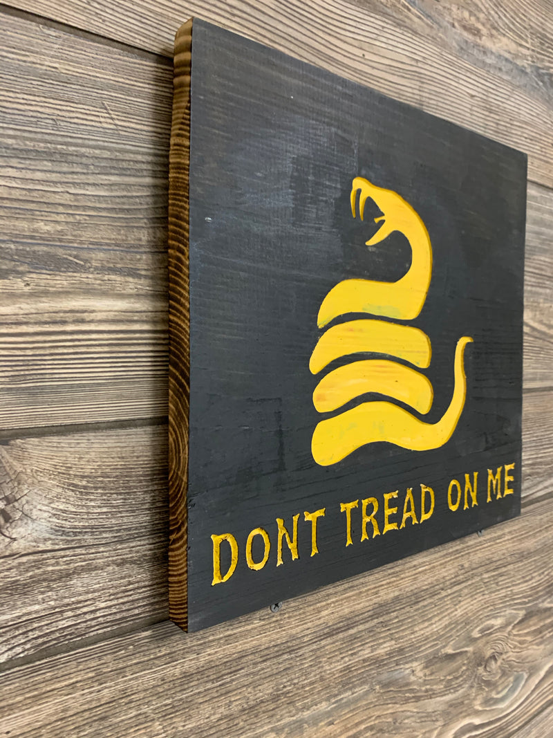 Don't Tread On Me Handmade Wooden Sign, Black with Yellow Timber Rattlesnake Man Cave Wall Hanging Gadsden Flag Union - Flags Forever