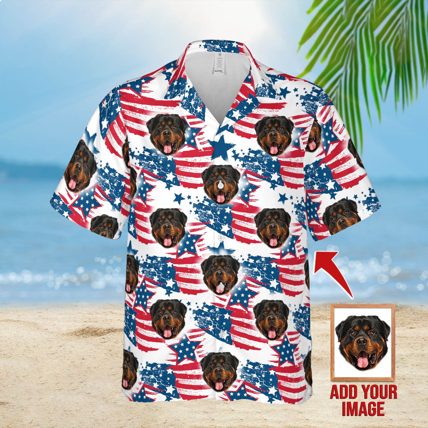 Image of Custom Red & Blue Leaves Pattern Short-Sleeve Hawaiian Shirt  ADD YOUR IMAGE 