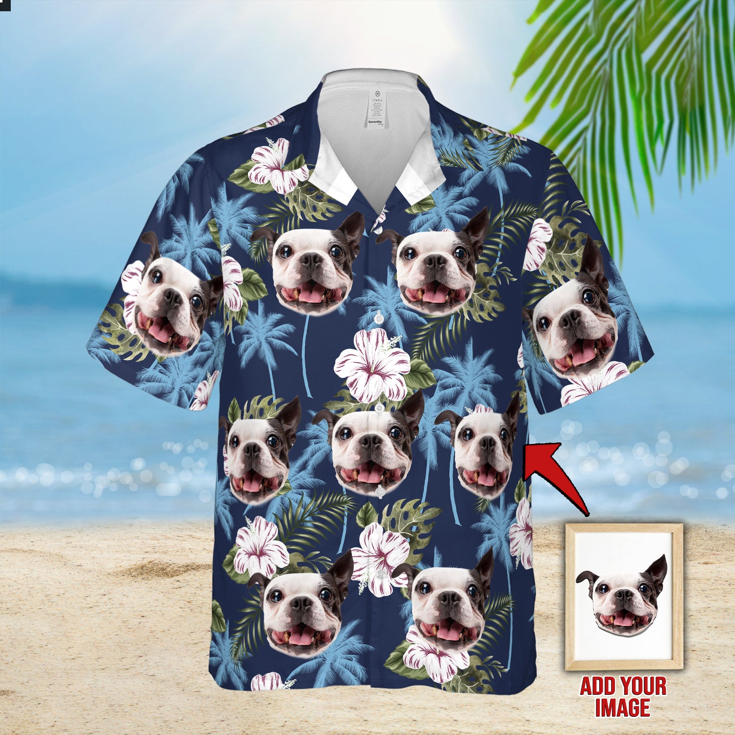 Image of Custom Blue Palm Tree Pattern Short-Sleeve Hawaiian Shirt  ADD YOUR IMAGE - 