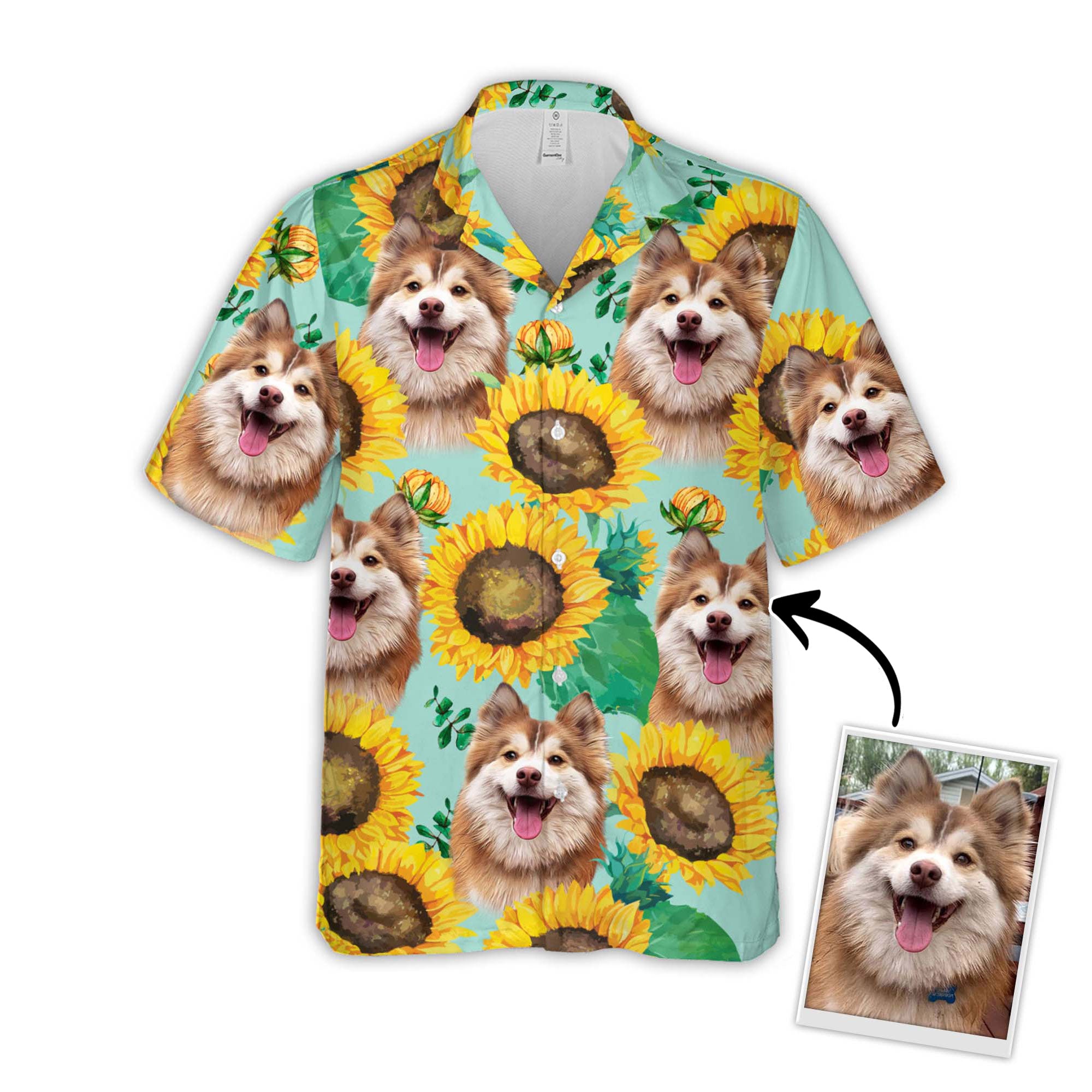 Image of Custom Sunflower & Green Pattern Short-Sleeve Hawaiian Shirt