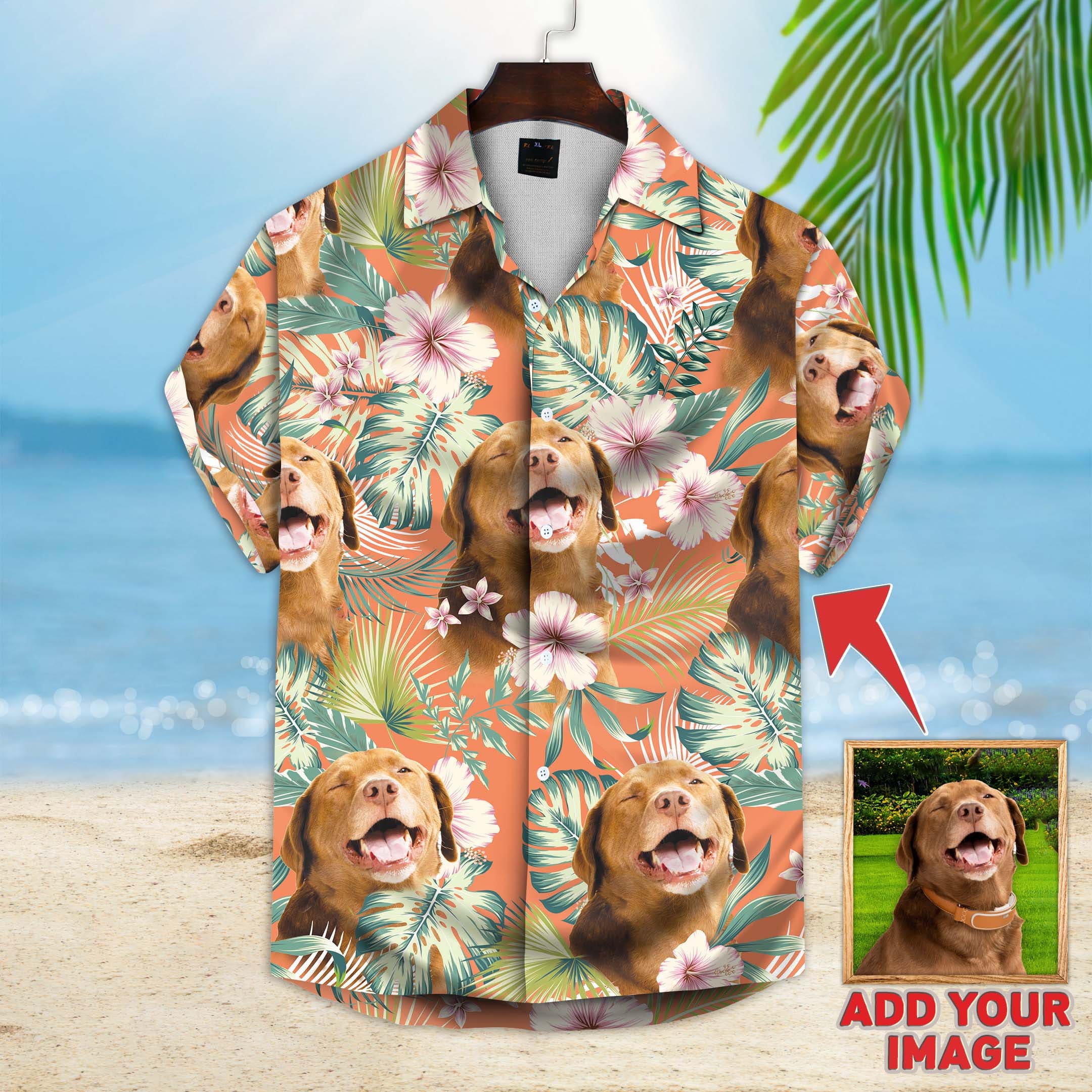 Image of Custom Leaves & Flowers Pattern Short-Sleeve Hawaiian Shirt (Carrot Color) i e el ADD YOUR IMAGE 