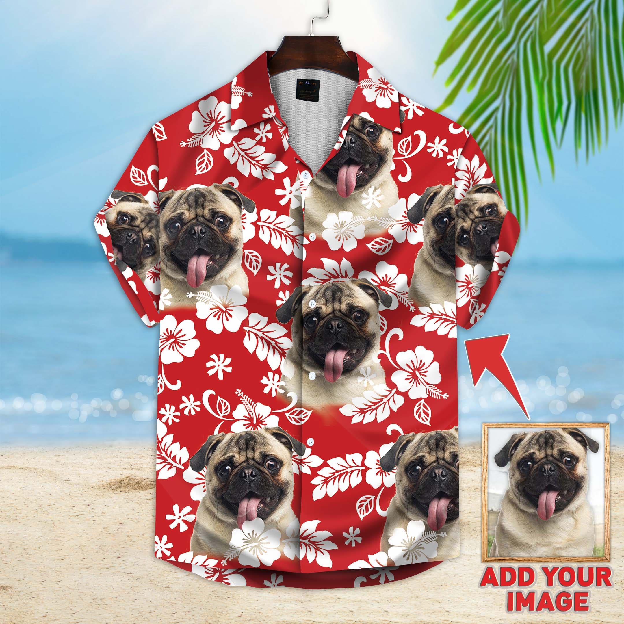 Image of Custom Leaves & Flowers Pattern Short-Sleeve Hawaiian Shirt (Red Color)  'I i R IMAGE 