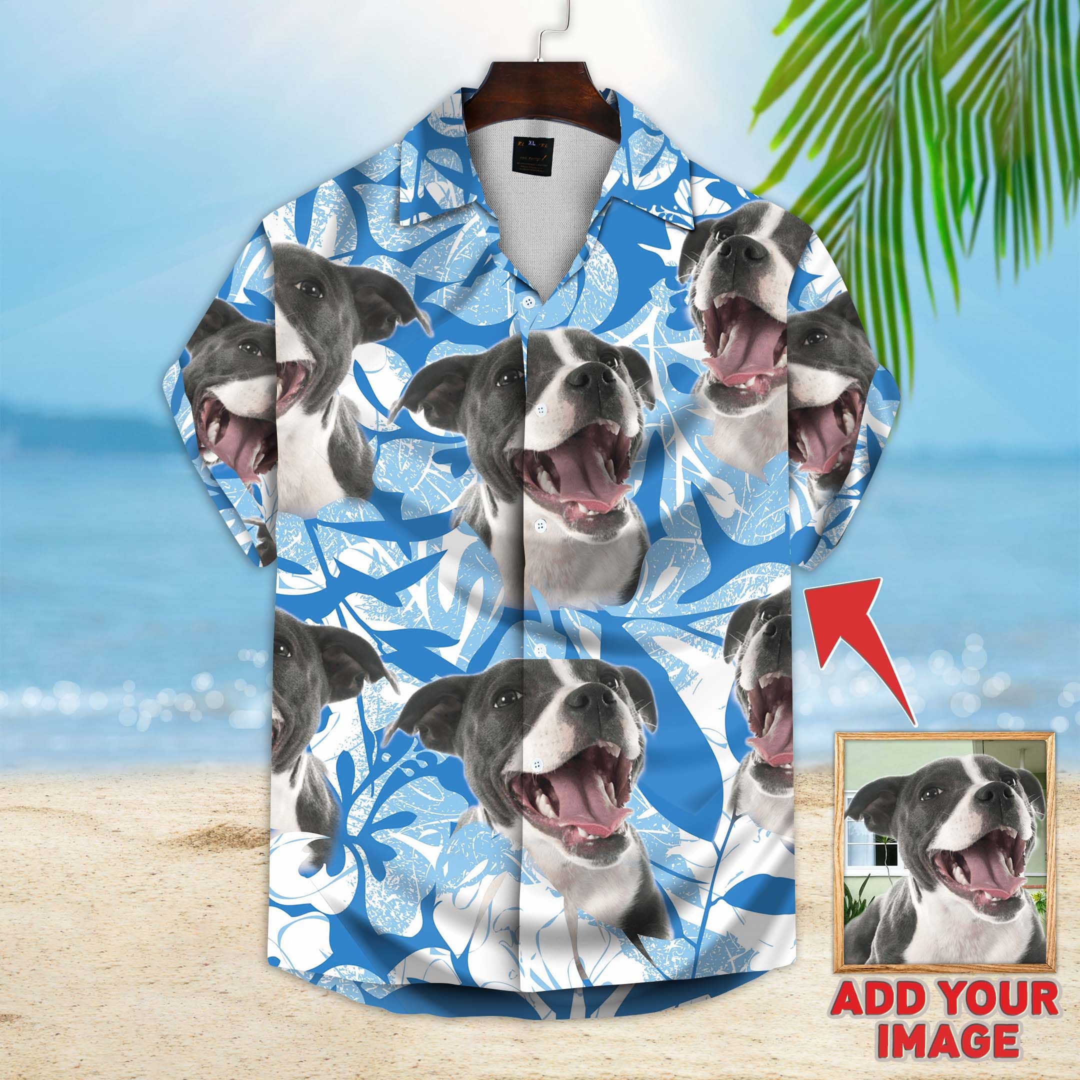 Image of Custom Leaves & Flowers Pattern Short-Sleeve Hawaiian Shirt (Blue Color) B ADD YOUR 