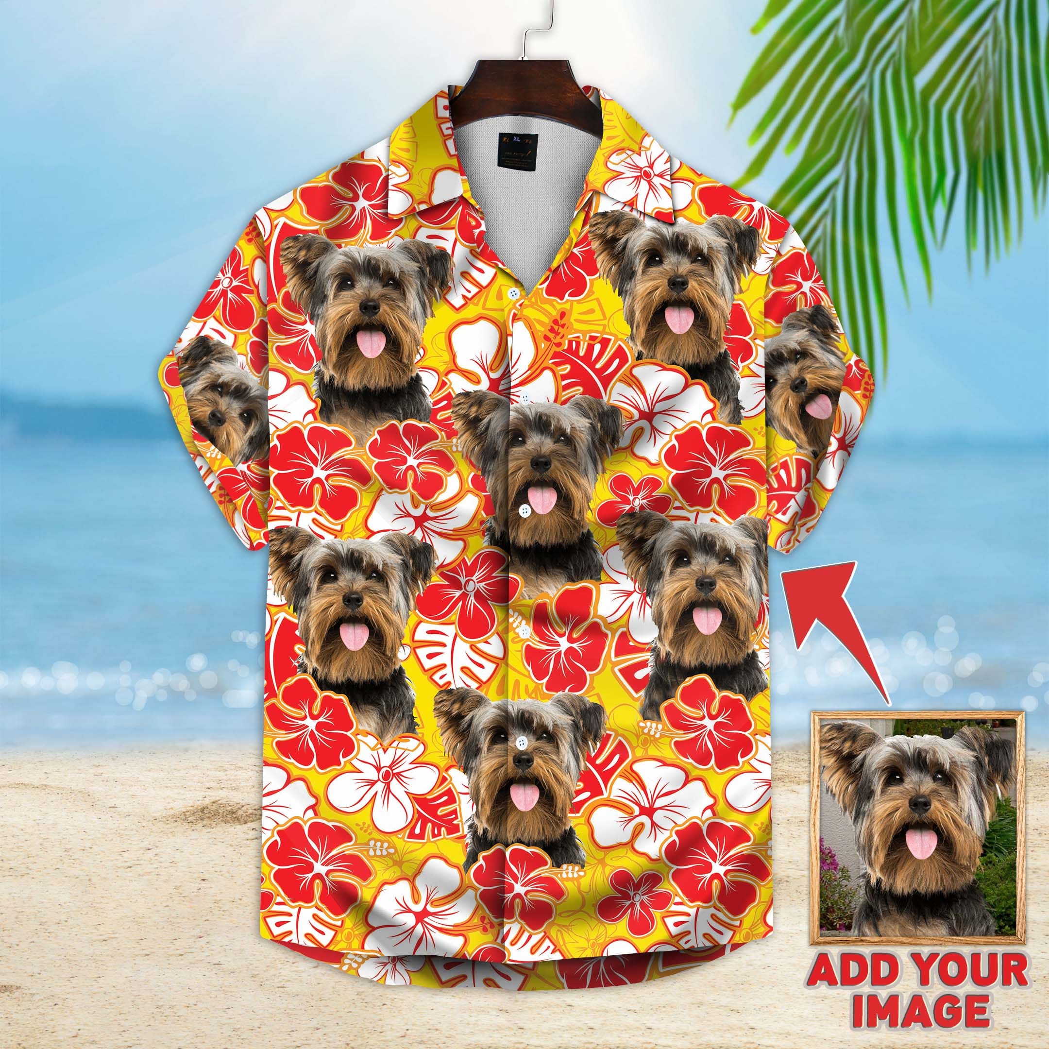 Image of Custom Leaves & Flowers Pattern Short-Sleeve Hawaiian Shirt (Yellow Color)  f T TR RN ' e DD YOUR IMAGE 