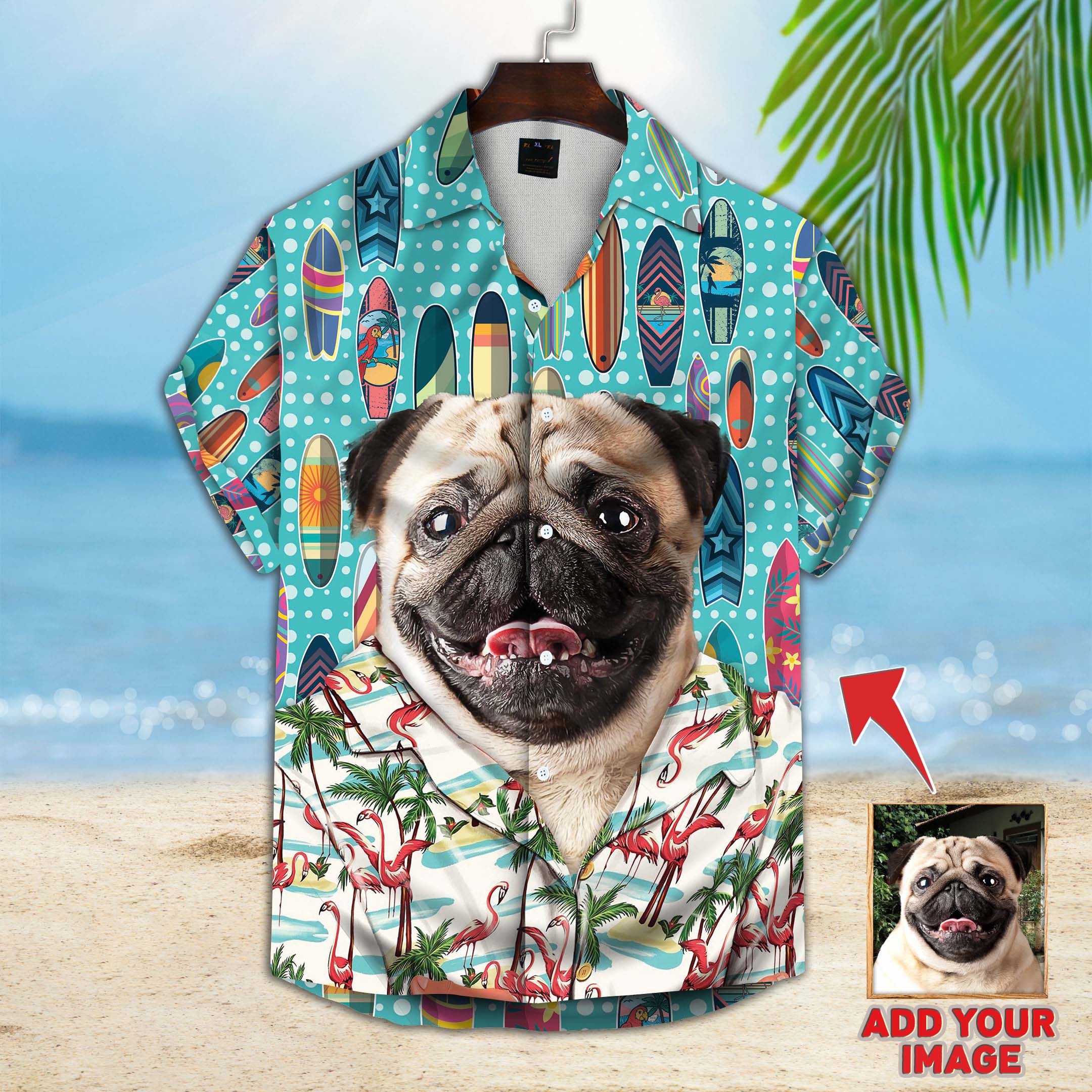 Image of Custom Surfing Pattern Short-Sleeve Hawaiian Shirt (Sky Blue Color)  ADD YOUR IMAGE 