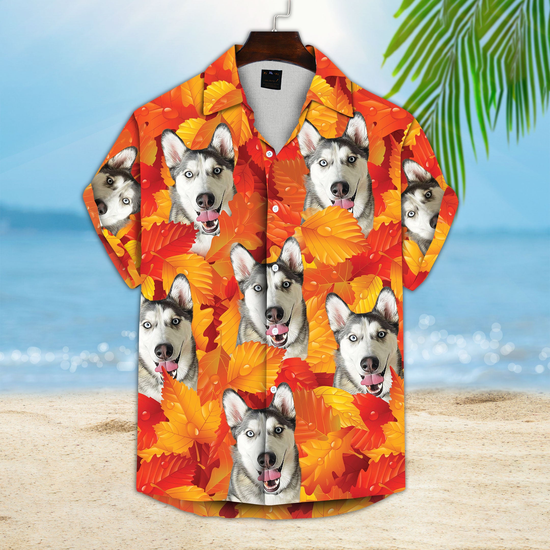 Image of Custom Leaves Pattern Short-Sleeve Hawaiian Autumn Shirt (Neon-Orange Color)