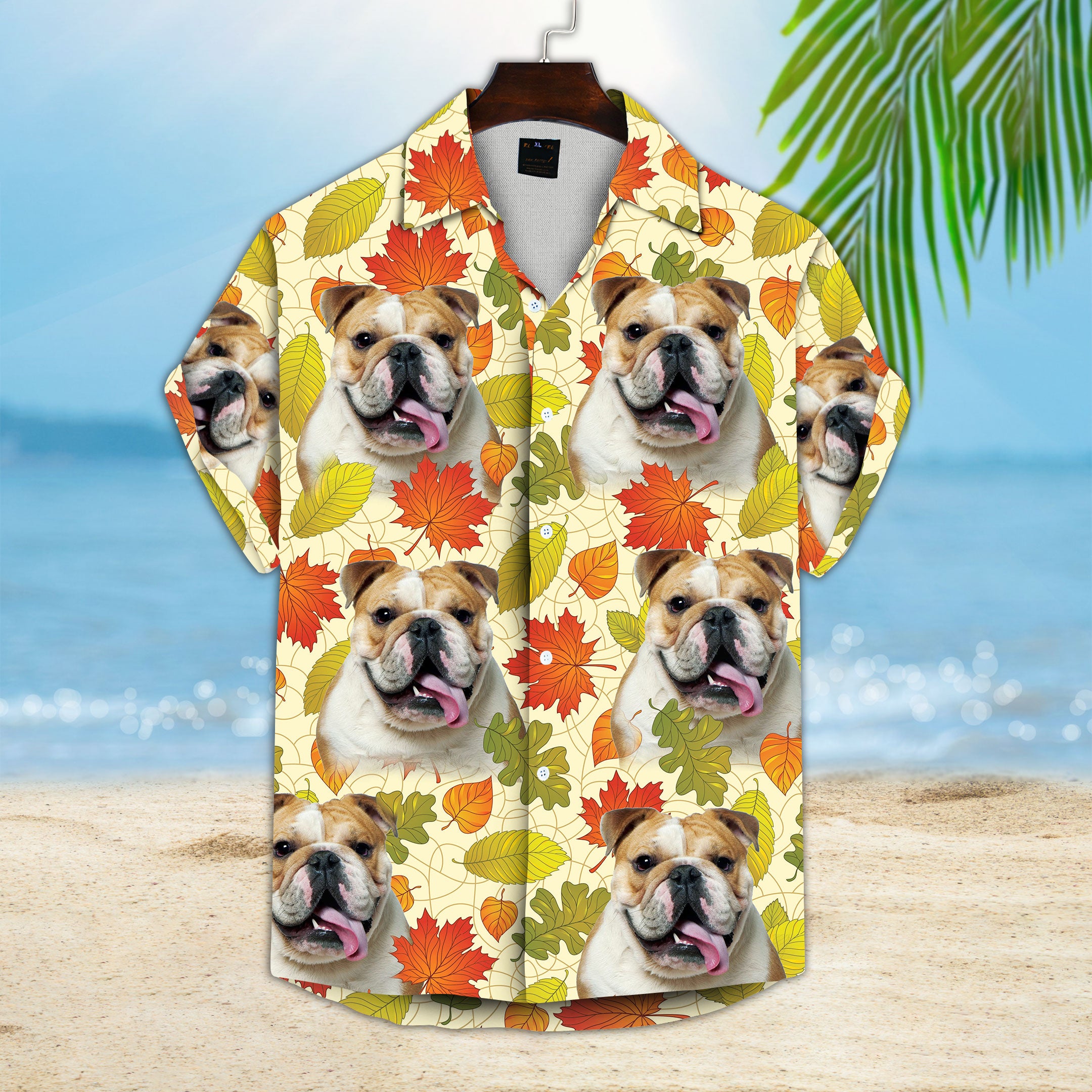 Image of Custom Leaves Pattern Short-Sleeve Hawaiian Autumn Shirt (Cream Color)