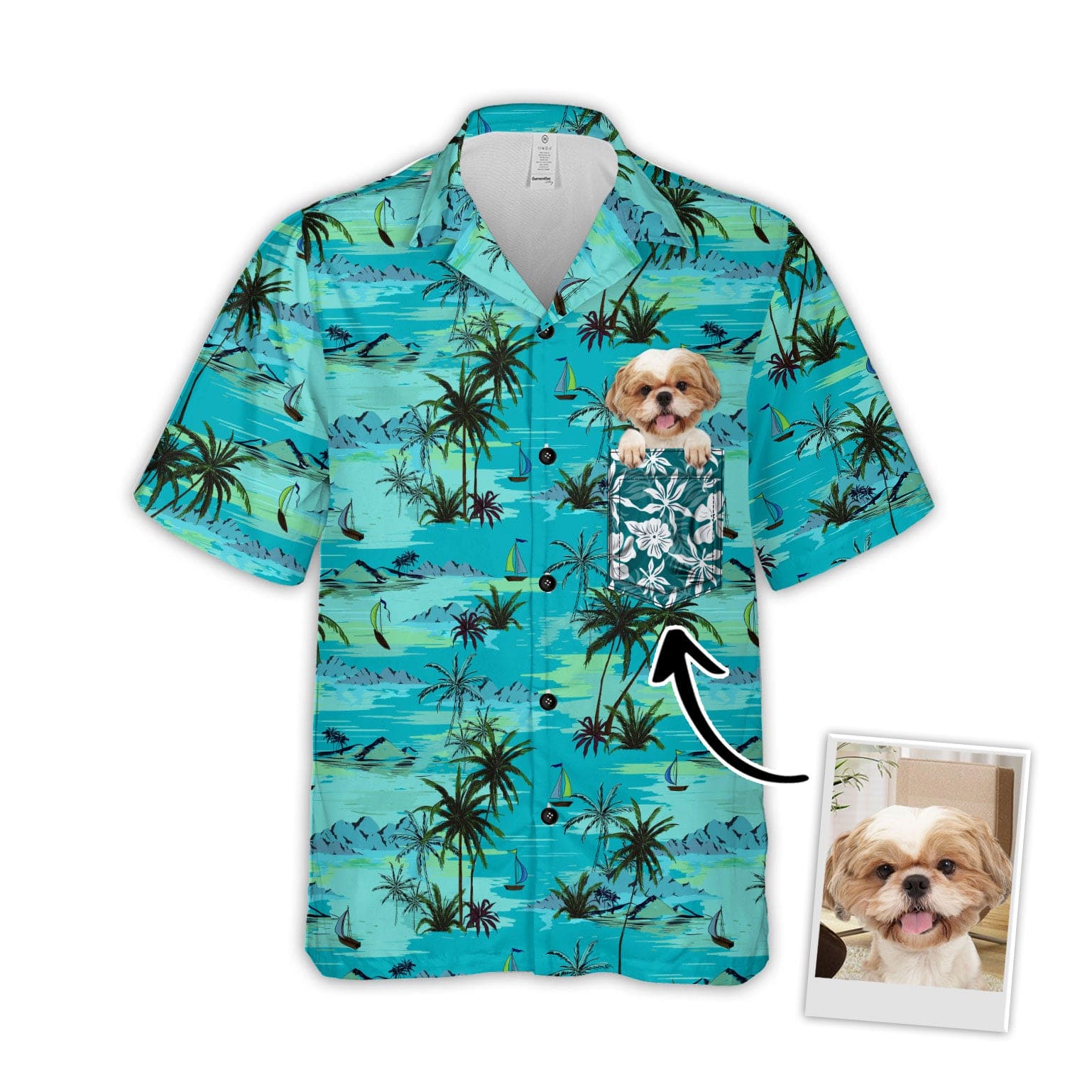 Image of Custom Hawaiian Shirt With Pet Face | Personalized Gift For Pet Lovers | Palm Tree, Beach & Ocean Pattern Turquoise Color Aloha Shirt With Pocket