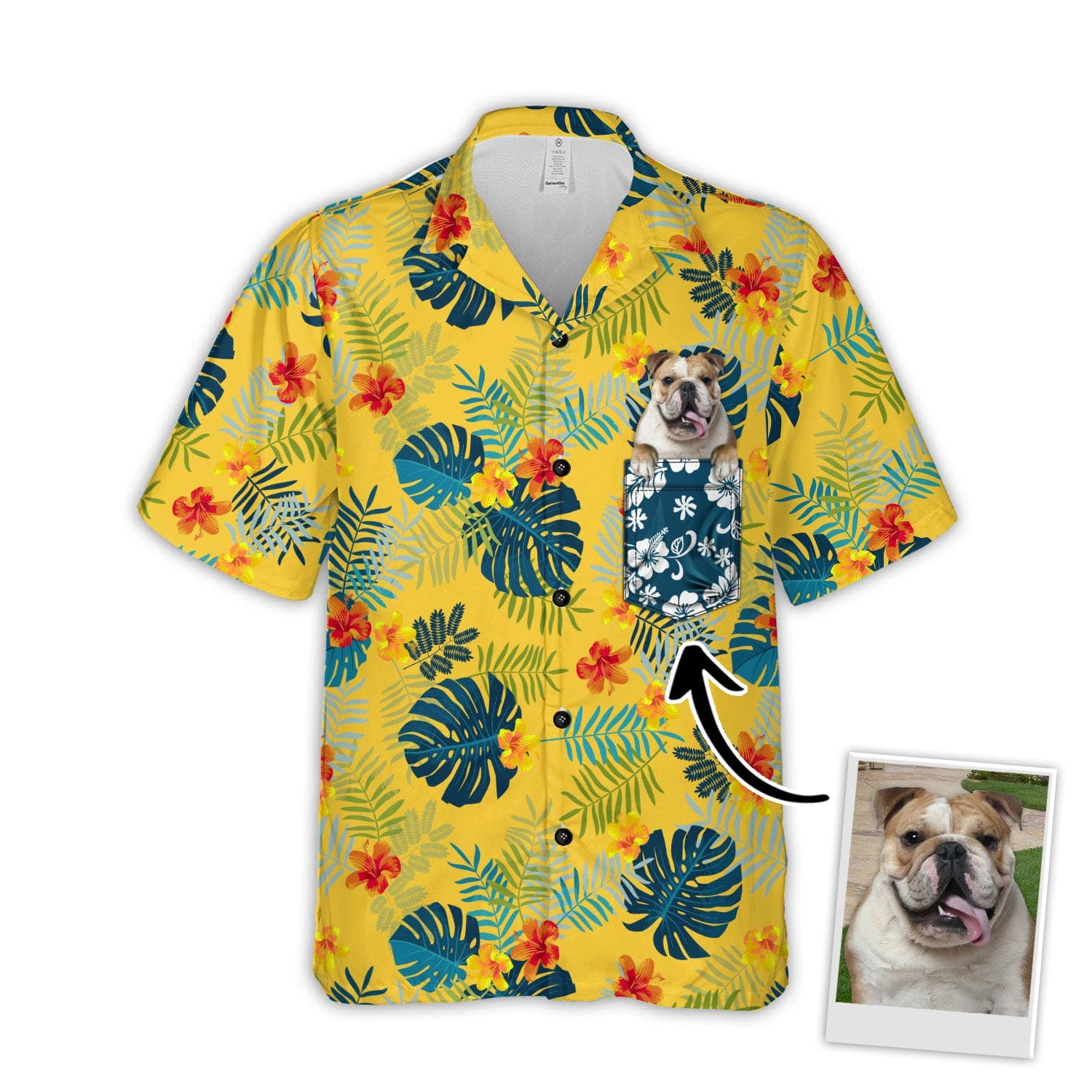 Image of Custom Hawaiian Shirt With Pet Face | Personalized Gift For Pet Lovers | Tropical Summer Botanical Pattern Yellow Color Aloha Shirt With Pocket  4 LN N.?ks A : J @ S R i . 4 1 . e R 