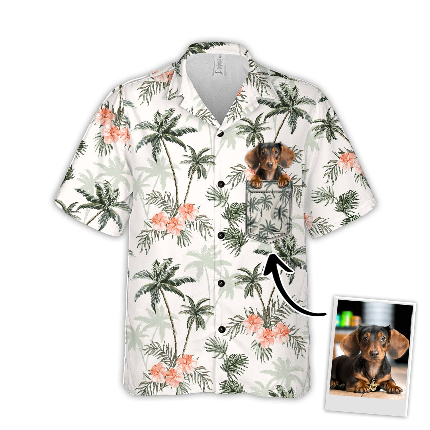 Image of Custom Hawaiian Shirt With Pet Face | Personalized Gift For Pet Lovers | Palm Trees And Cheetah Floral Pattern White Color Aloha Shirt