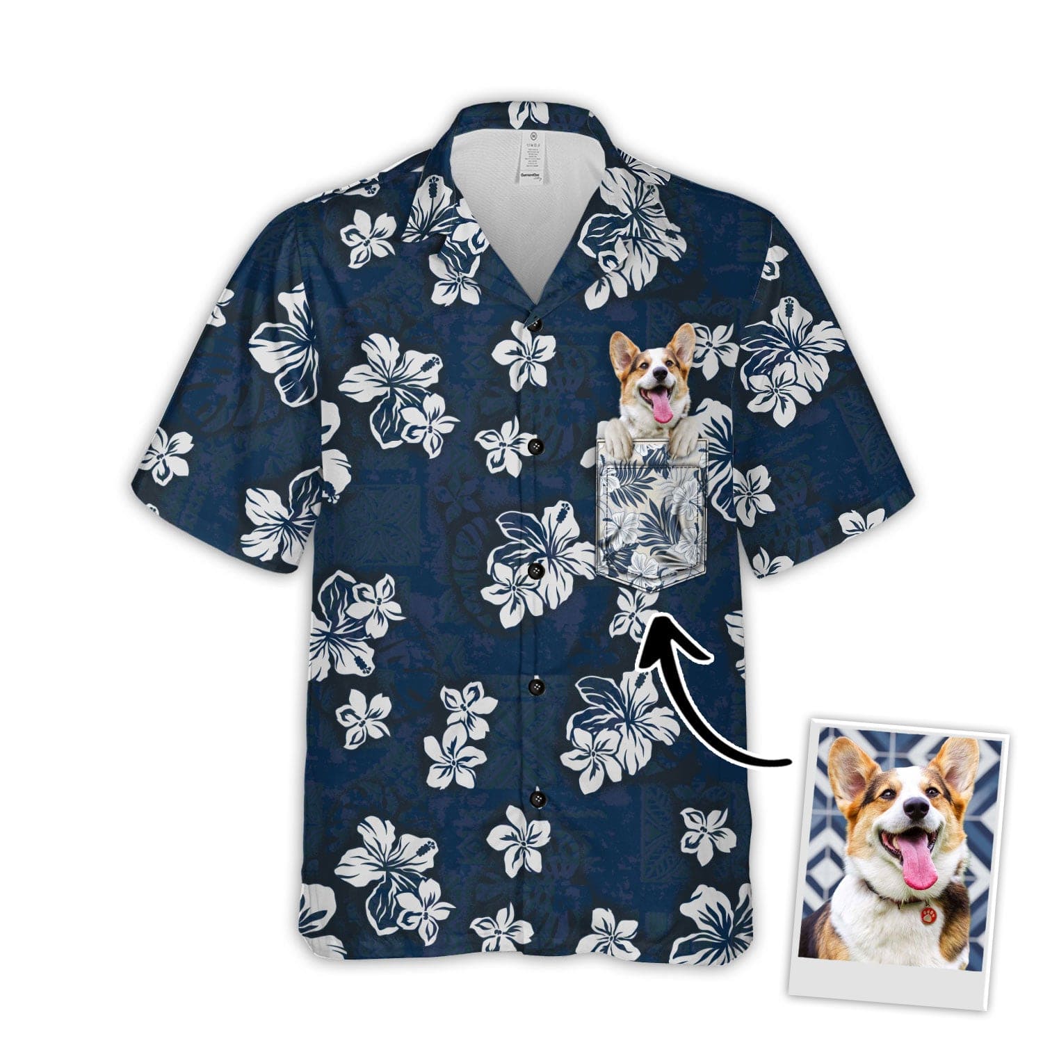 Image of Custom Hawaiian Shirt With Pet Face | Personalized Gift For Pet Lovers | Tribal Elements And Hibiscus Flowers Pattern Navy Color Aloha Shirt With Pocket