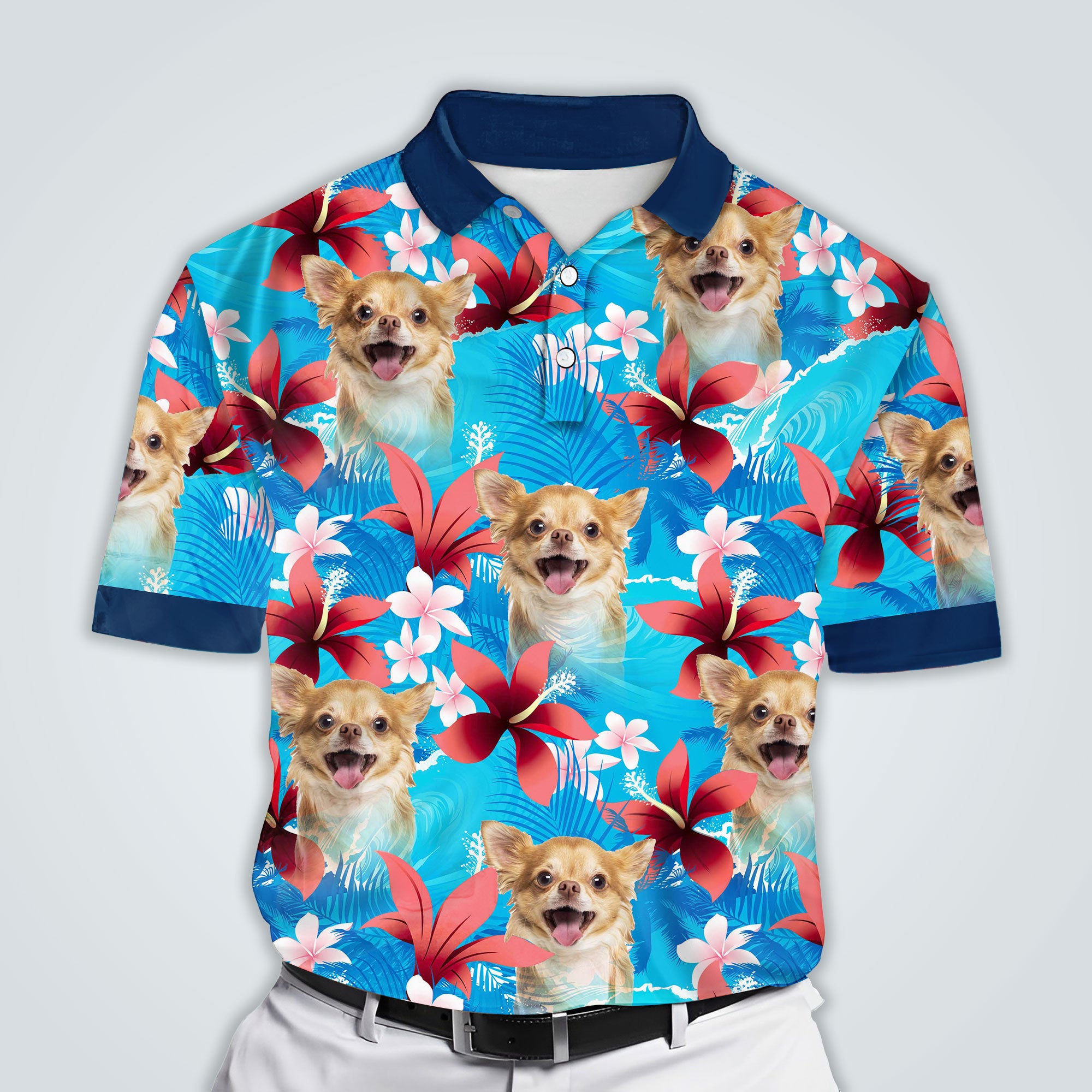 Image of Custom Blue Leaves & Flowers Pattern Polo Shirt