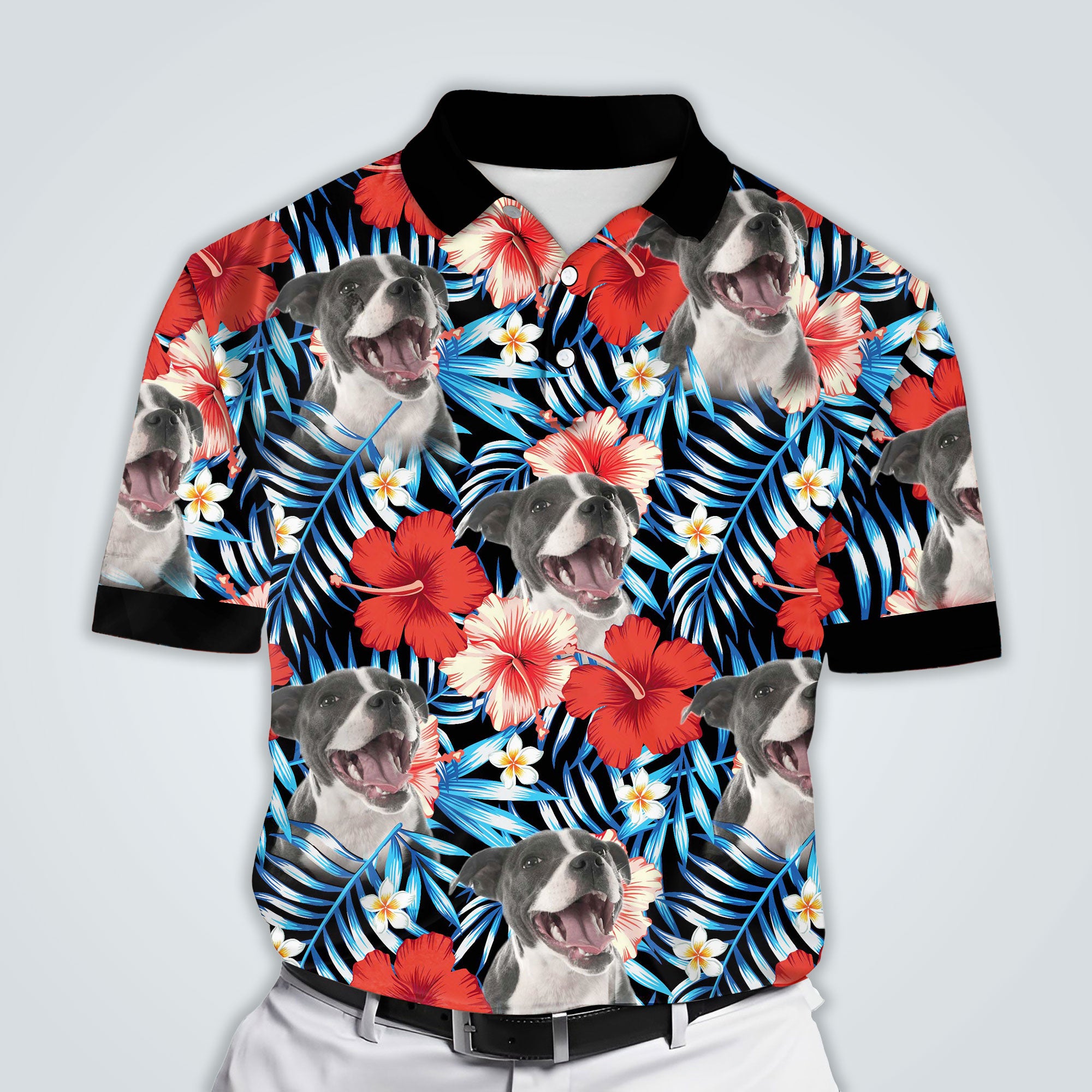 Image of Custom Blue & Red Leaves & Flowers Pattern Polo Shirt