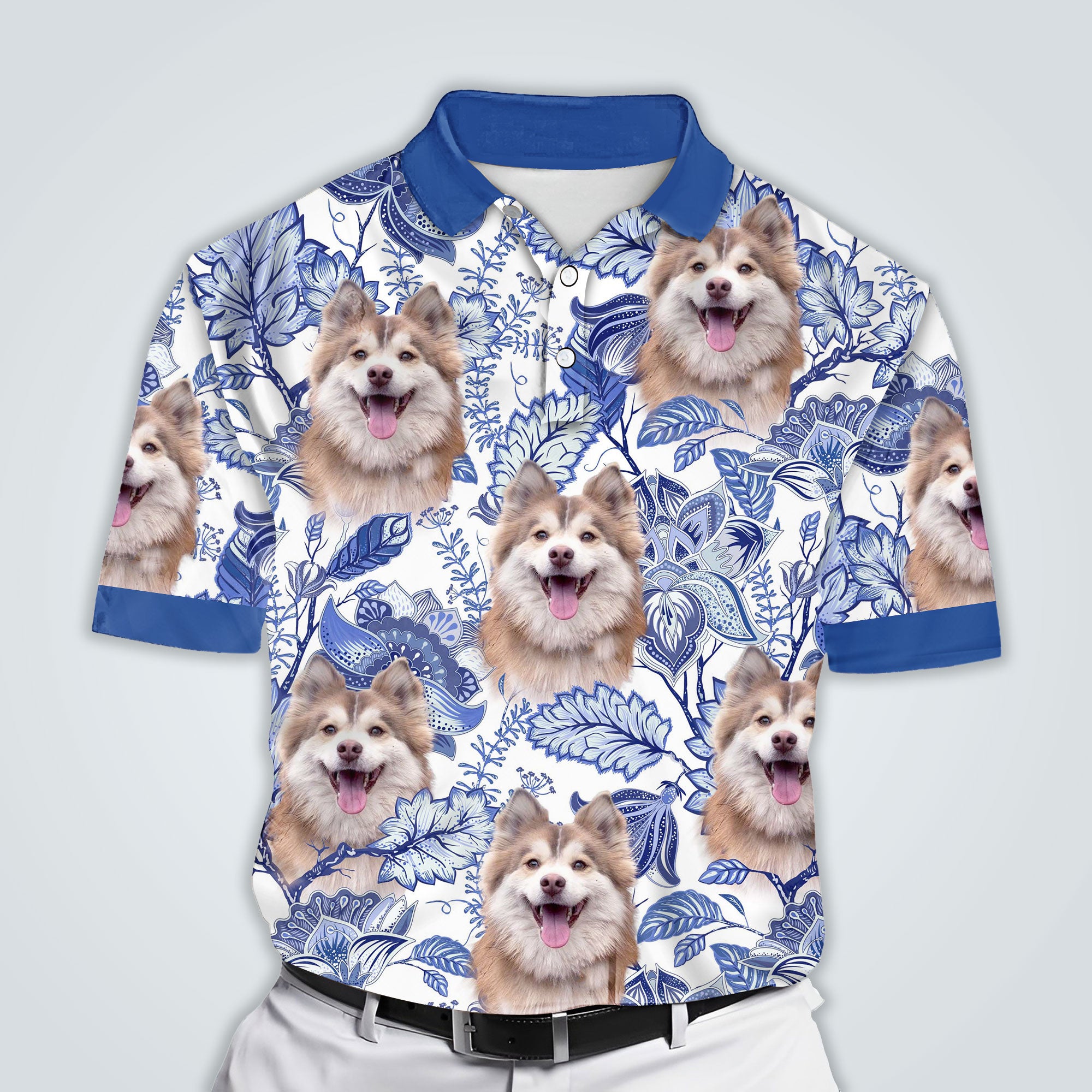 Custom Hawaiian Shirt With Dog Face - Leaves & Flowers Pattern
