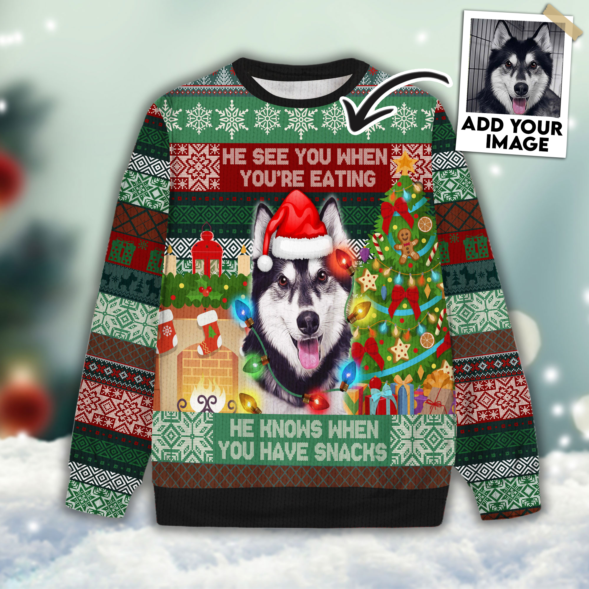 Image of Ugly Sweater All Over Print Custom He See You When You Are Eating Snack (Vintage Color) A . .5 A 50 5 RTINS 