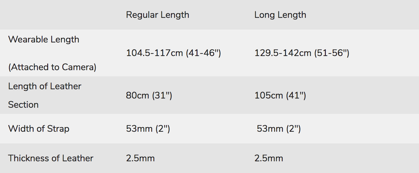 Lucky Camera Straps Standard 53 Sizing Chart